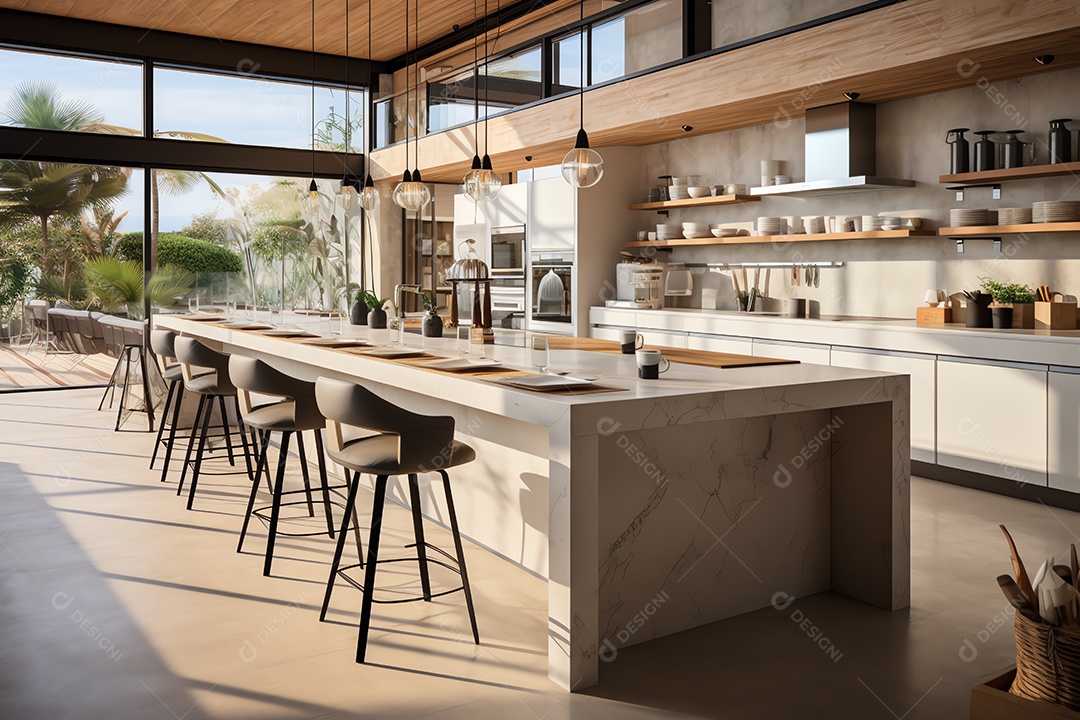 Interior de sala de cozinha de design luxuoso moderno, mesa de ilha de jantar com cadeiras