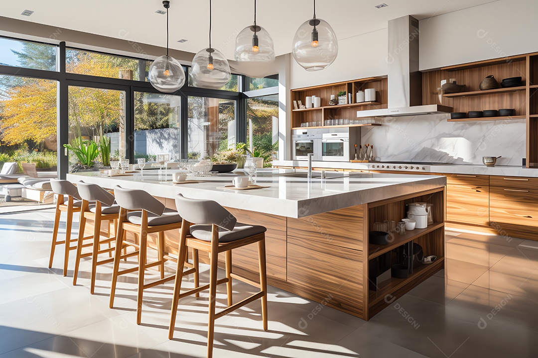 Interior de sala de cozinha de design luxuoso moderno, mesa de ilha de jantar com cadeiras