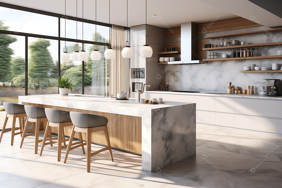 Interior de sala de cozinha de design luxuoso moderno, mesa de ilha de jantar com cadeiras