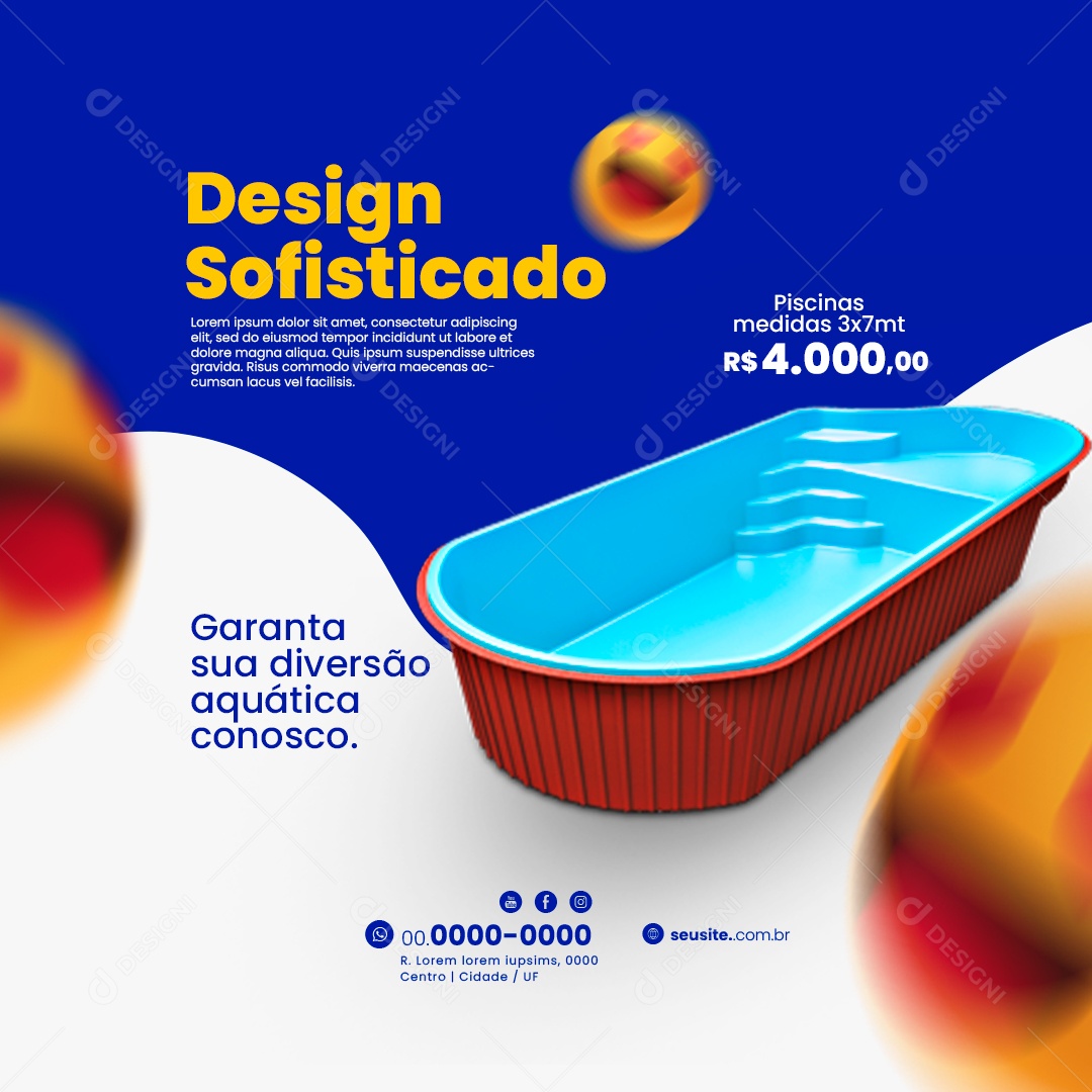 Piscina Design Sofisticado Garanta sua Diversão Aquática Conosco Piscinas Medidas Social Media PSD Editável