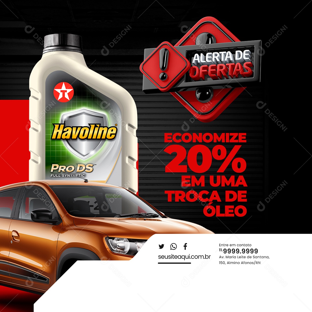 Oficina Mecânica Centro Automotivo Alerta De Ofertas Óleo Havoline Economize 20% em uma Troca de Óleo Social Media PSD Editável