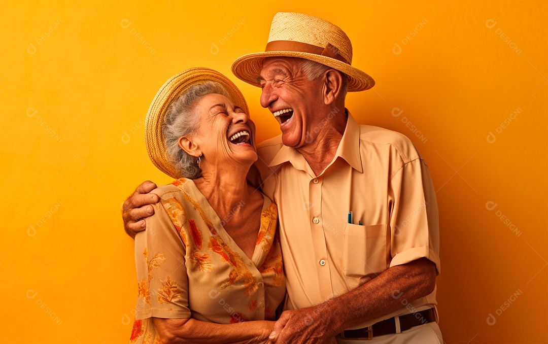 Casal de idosos com chapeu e felizes em fundo amarelo isolado