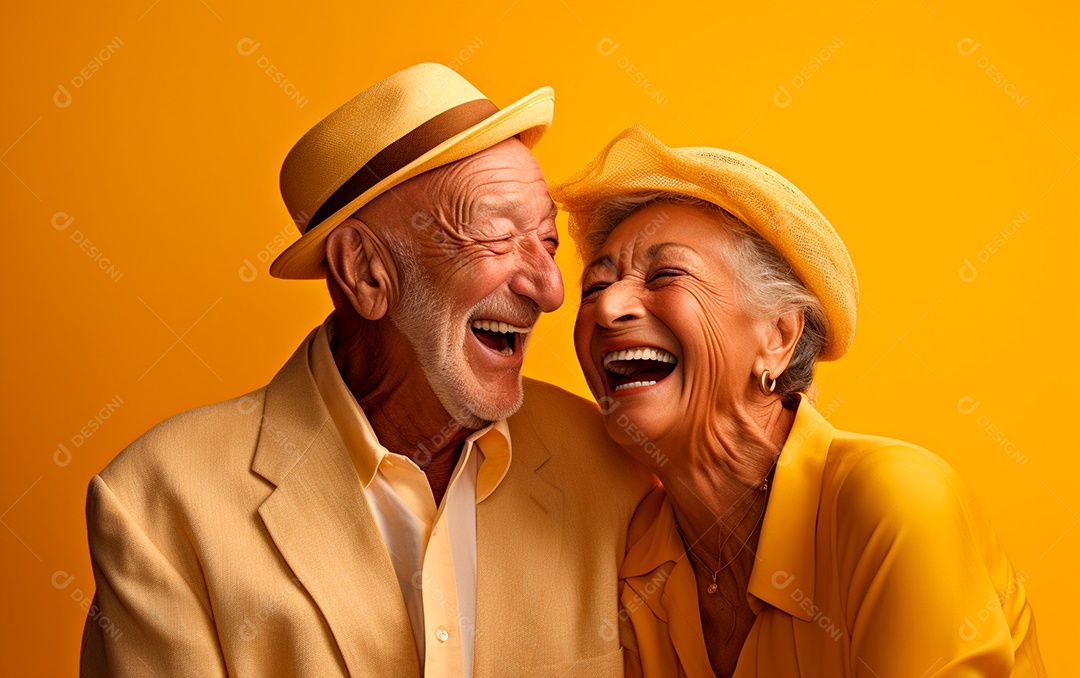 Casal de idosos sorrindo em fundo amarelo isolado