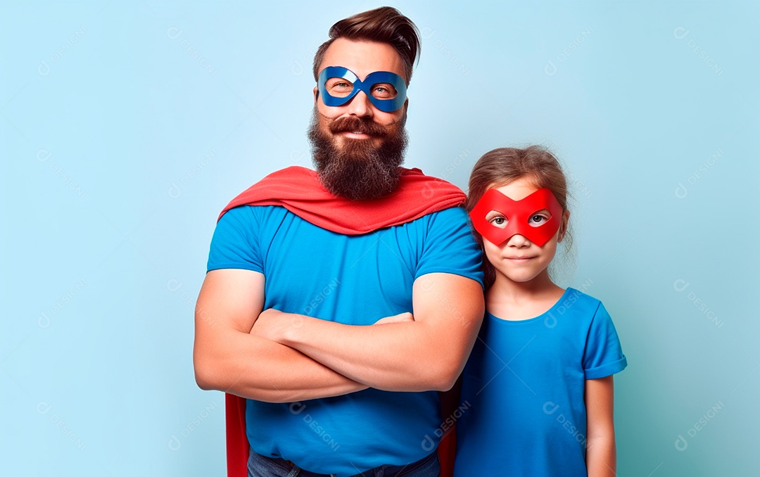 Pai e filha vestindo roupas de super-heróis em fundo azul isolado