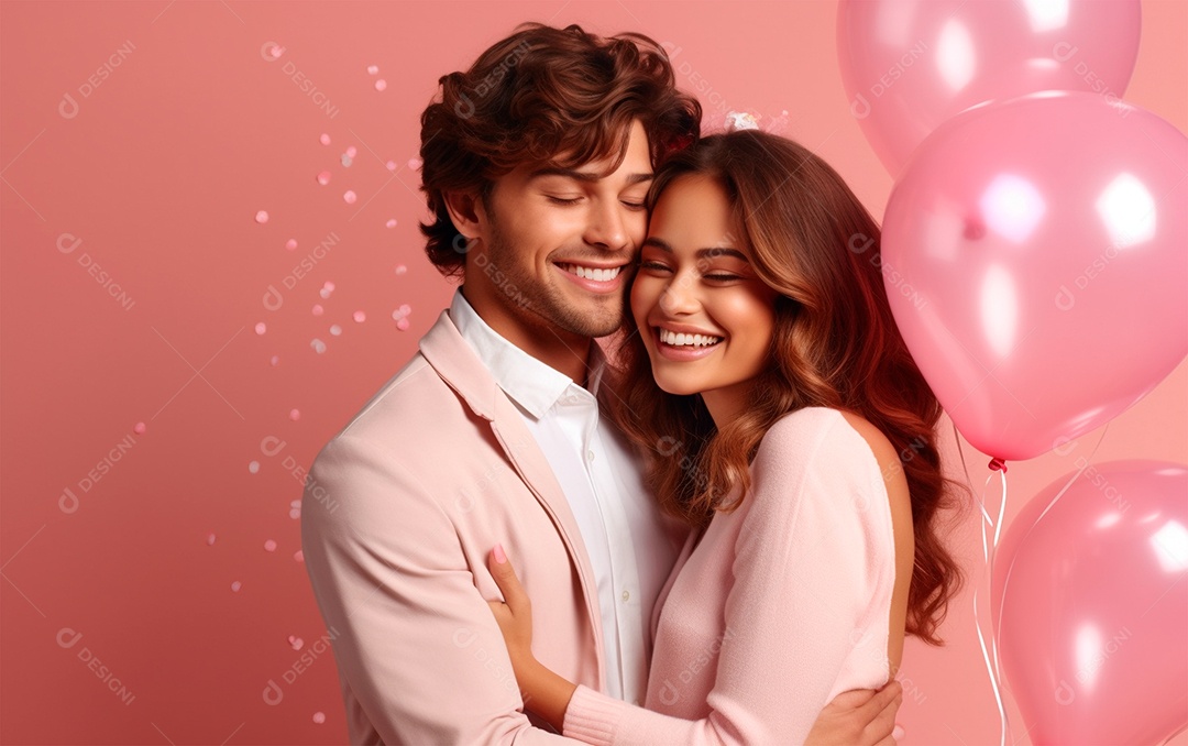 Casal brasileiro feliz isolado em fundo rosa dia dos namorados