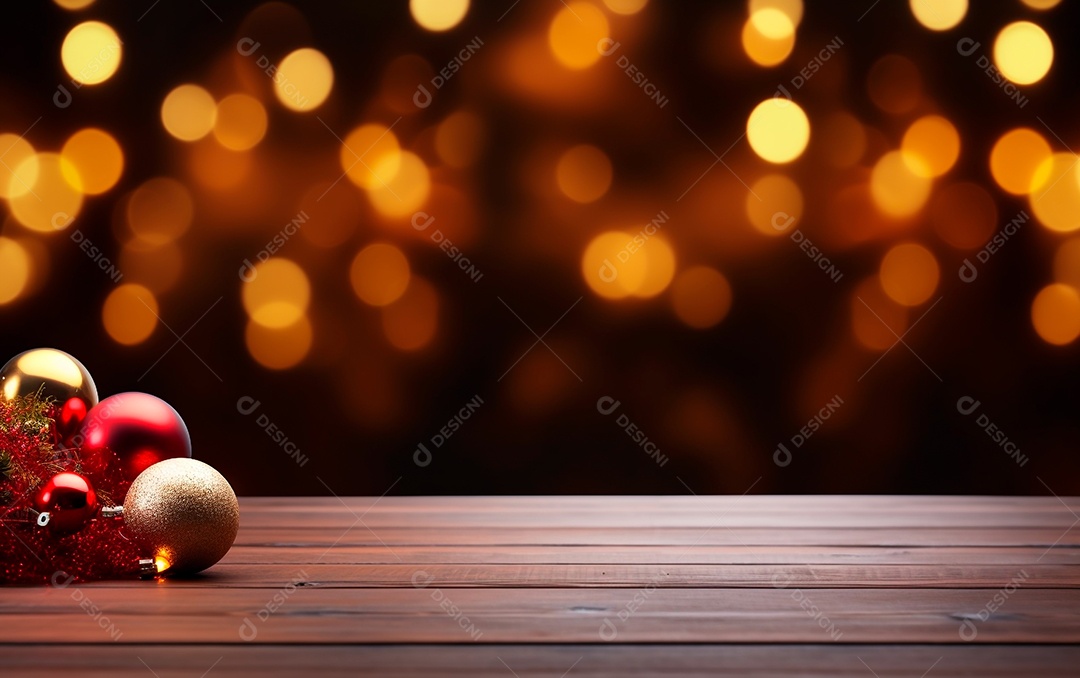 Enfeites de natal sobre uma mesa de madeira