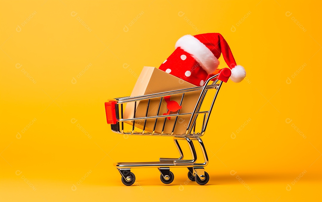 Carrinho de comrpas sobre fundo isolado com ofertas de natal