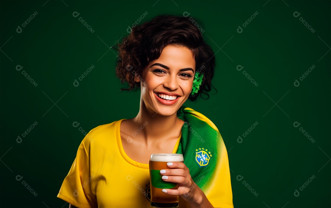 Mulher brasileira tomando cerveja sorridente em fundo verde