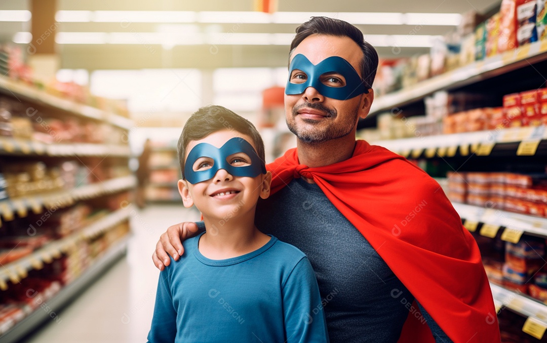 Pai e filho pequeno em supermercado com fantasia de super heiroi sorridentes