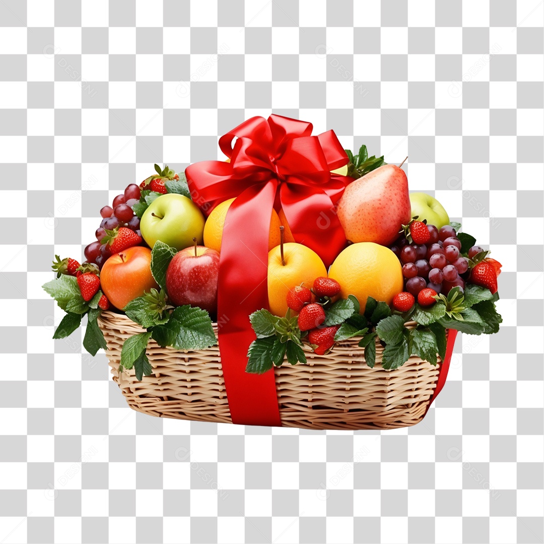 Cesta de Natal Cheia de Presentes e Frutas PNG Transparente