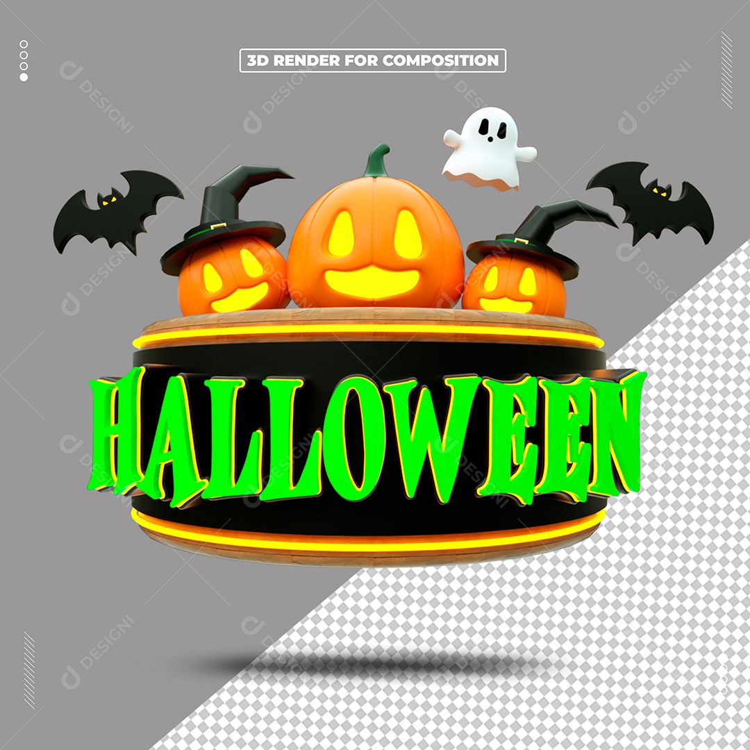 Halloween Verde Abóbora Morcego Fantasma Elemento 3D para Composição PSD