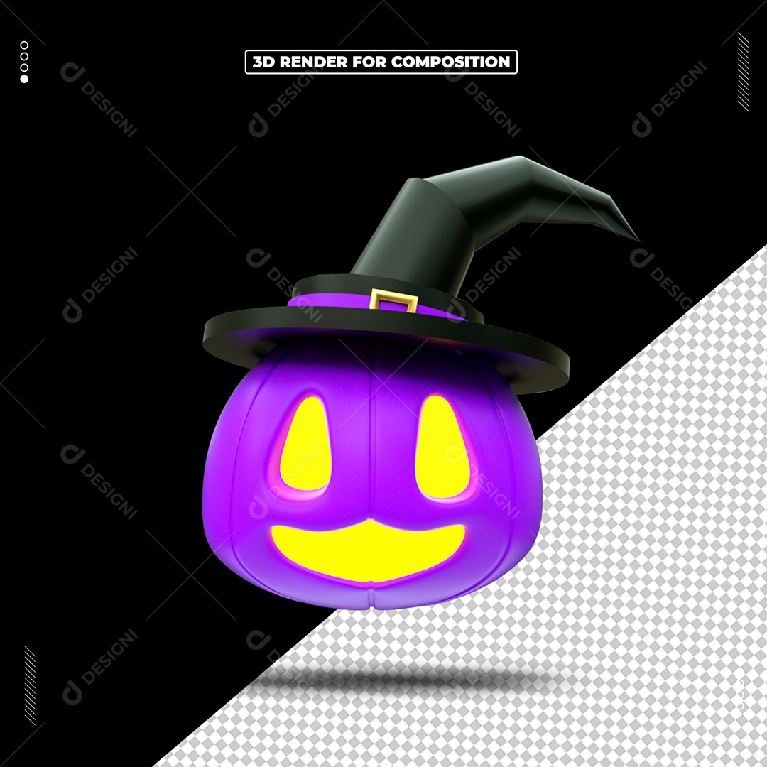 Abóbora com Chapéu de Bruxa Halloween Elemento 3D para Composição PSD