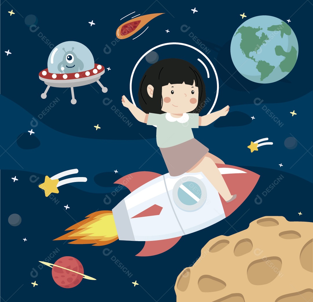Garota Astronauta no Espaço Ilustração de Vetor EPS