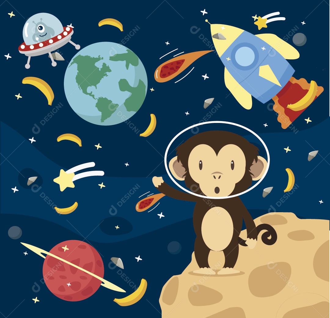 Macaco Astronauta no Espaço Ilustração de Vetor EPS