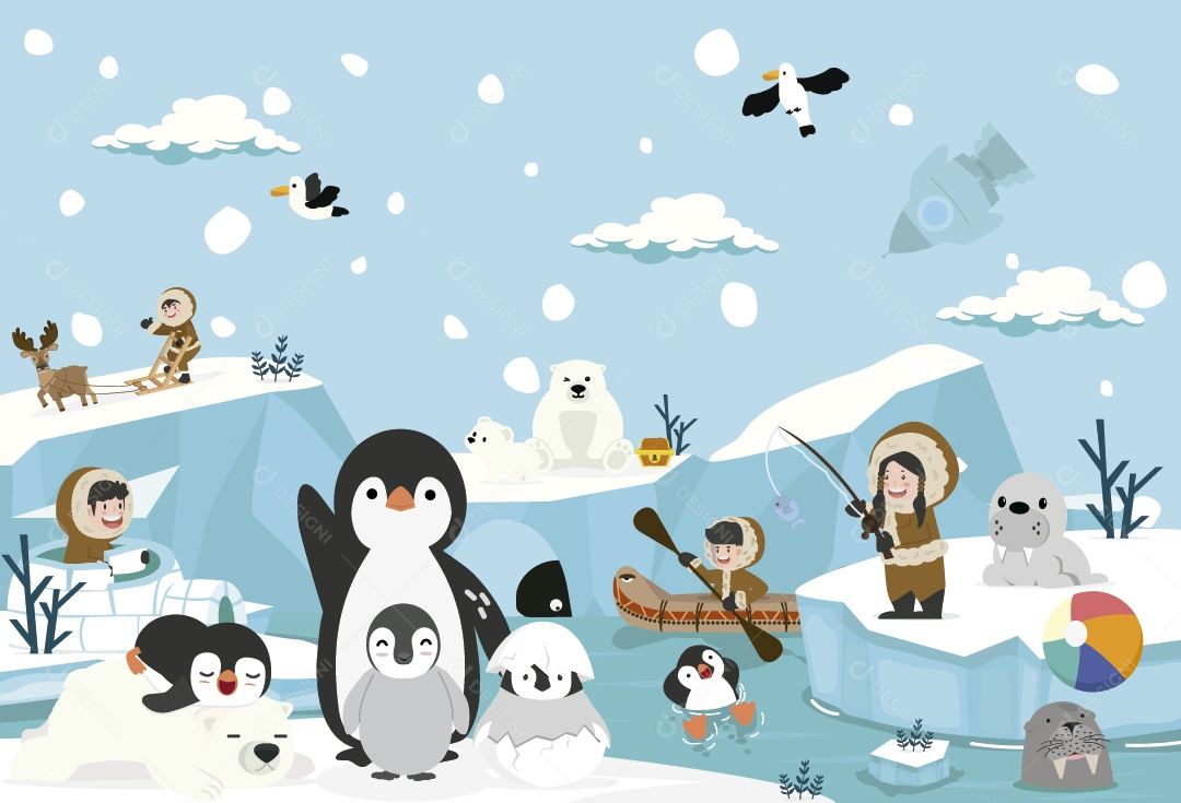 Cenário Ártico Com Pessoas a Animais Ilustração Vetor EPS