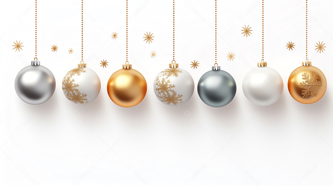 Banner de ano novo de Natal com bola de ouro e prata pendurada em fundo branco