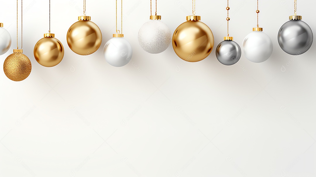 Banner de ano novo de Natal com bola de ouro e prata pendurada em fundo branco