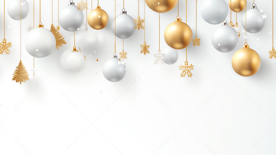 Banner de ano novo de Natal com bola de ouro e prata pendurada em fundo branco