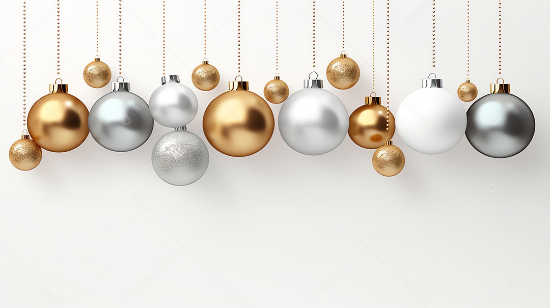 Banner de ano novo de Natal com bola de ouro e prata pendurada em fundo branco