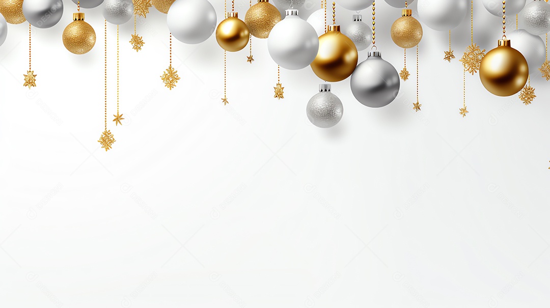 Banner de ano novo de Natal com bola de ouro e prata pendurada em fundo branco