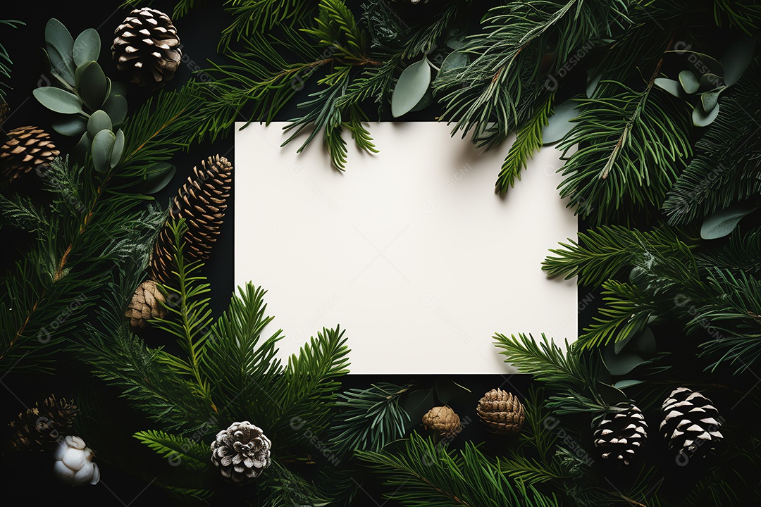 Postura plana de papel de nota em branco nos galhos das árvores de Natal na mesa de madeira