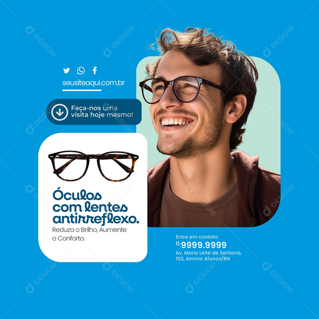 Ótica Faça nos uma Visita Hoje Mesmo Óculos com Lentes Antirreflexo Social Media PSD Editável