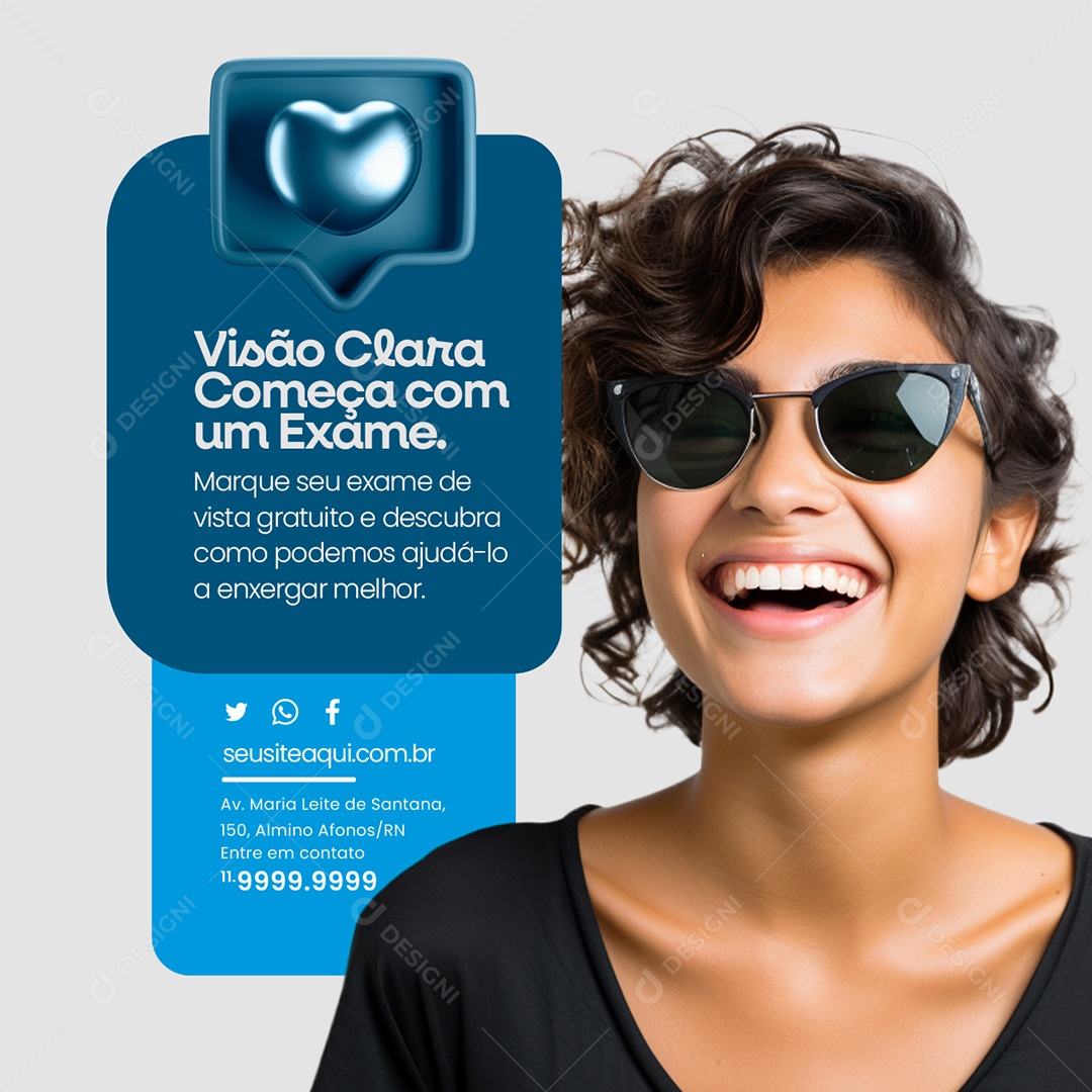 Ótica Visão Clara Começa com um Exame Marque seu Exame de Vista Social Media PSD Editável