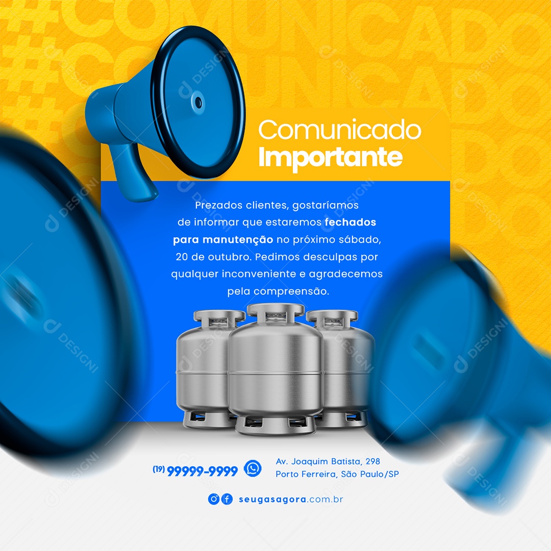 Gás de Cozinha Comunicado Importante Estaremos Fechados para Manutenção Social Media PSD Editável