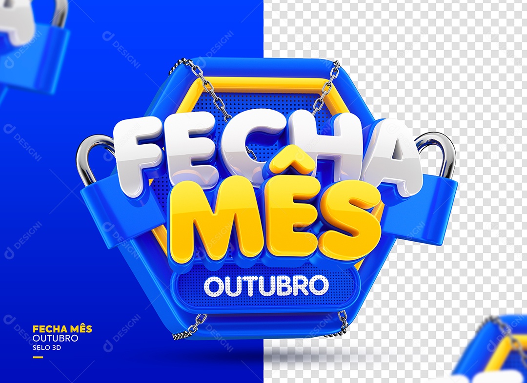 Fecha Mês Outubro Selo 3D Branco Amarelo e Azul para Composição PSD