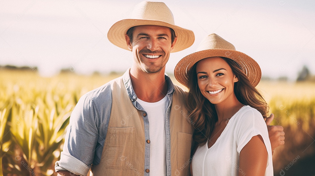 Homem e mulher agricultores chapéu de palha em pé terras agrícolas sorrindo