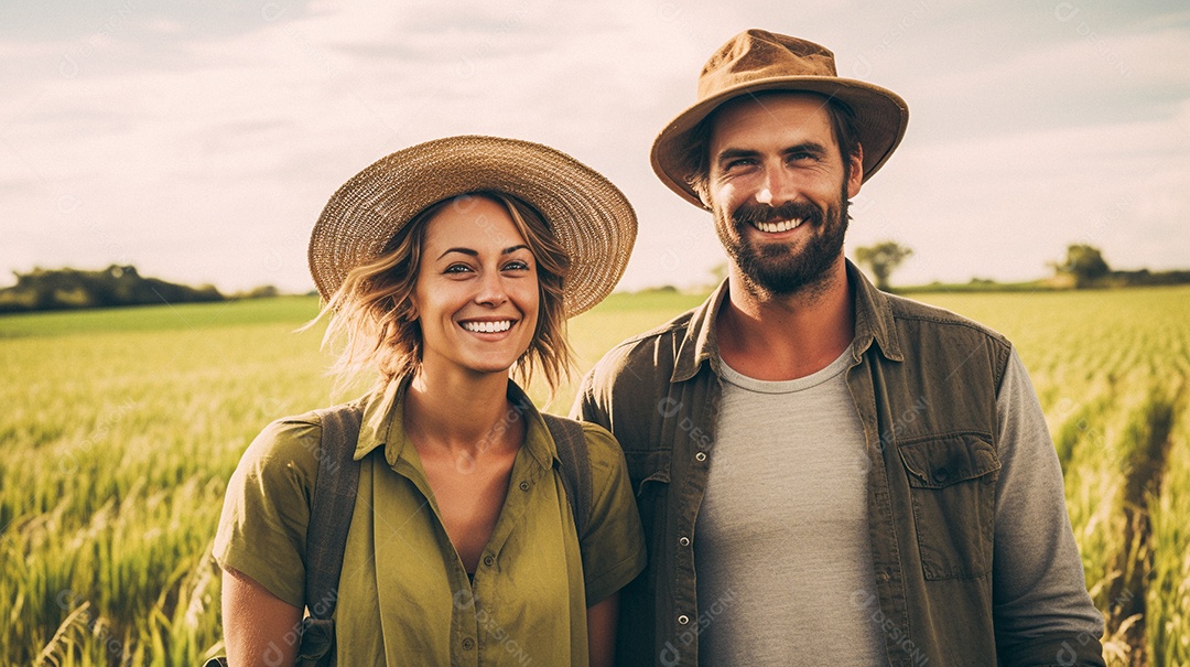 Homem e mulher agricultores chapéu de palha em pé terras agrícolas sorrindo