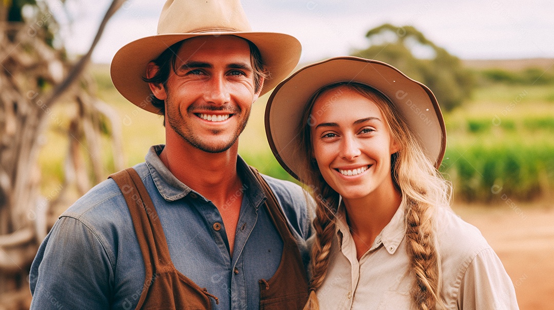 Homem e mulher agricultores chapéu de palha em pé terras agrícolas sorrindo