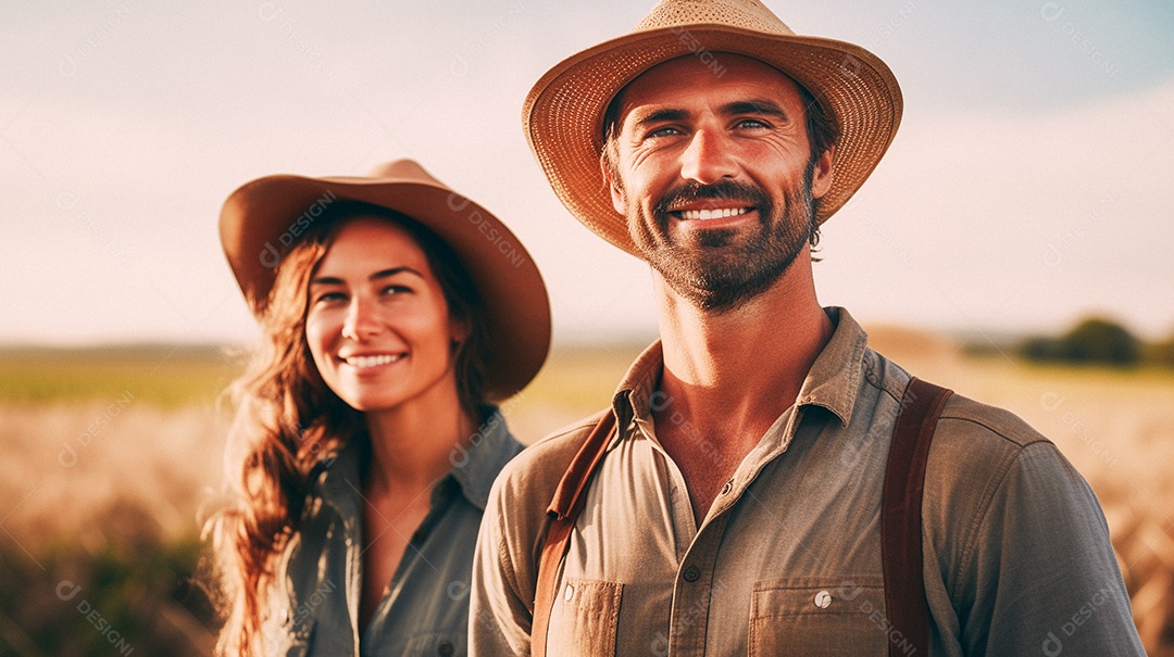 Homem e mulher agricultores chapéu de palha em pé terras agrícolas sorrindo