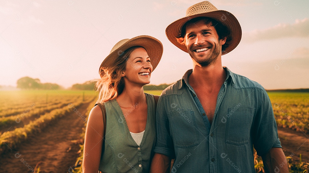 Homem e mulher agricultores chapéu de palha em pé terras agrícolas sorrindo