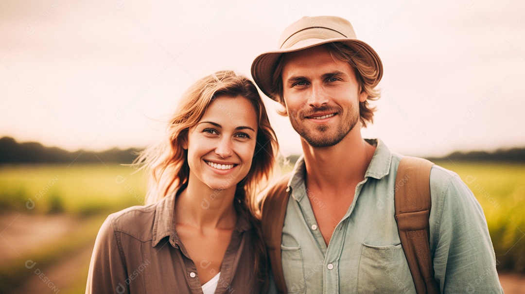 Homem e mulher agricultores chapéu de palha em pé terras agrícolas sorrindo