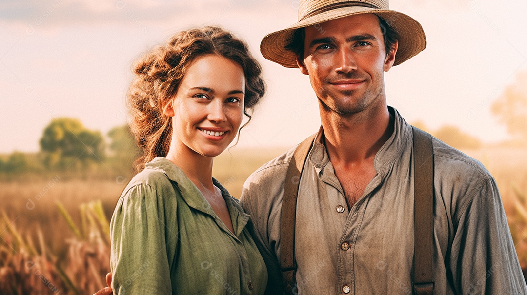 Homem e mulher agricultores chapéu de palha em pé terras agrícolas sorrindo