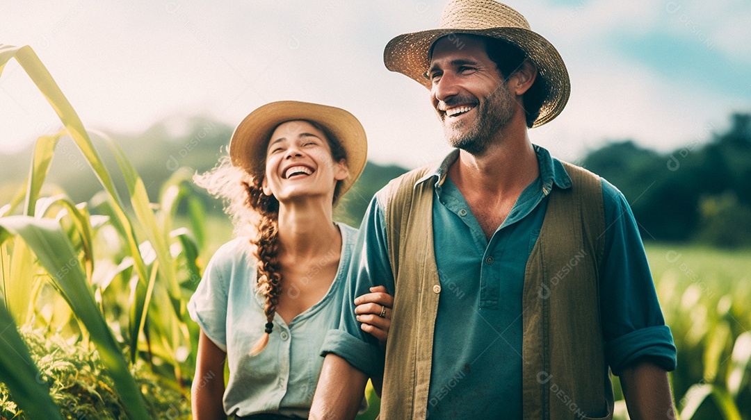 Homem e mulher agricultores chapéu de palha em pé terras agrícolas sorrindo