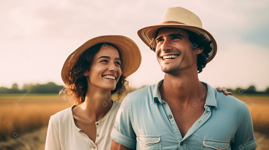 Homem e mulher agricultores chapéu de palha em pé terras agrícolas sorrindo