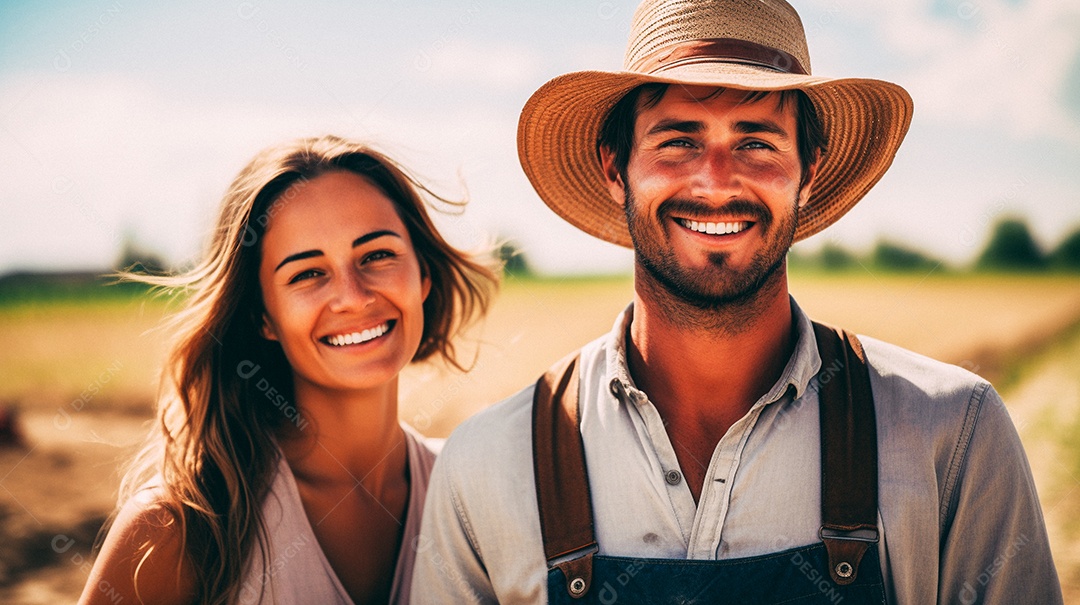 Homem e mulher agricultores chapéu de palha em pé terras agrícolas sorrindo