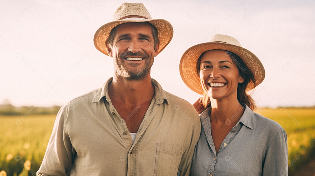 Homem e mulher agricultores chapéu de palha em pé terras agrícolas sorrindo