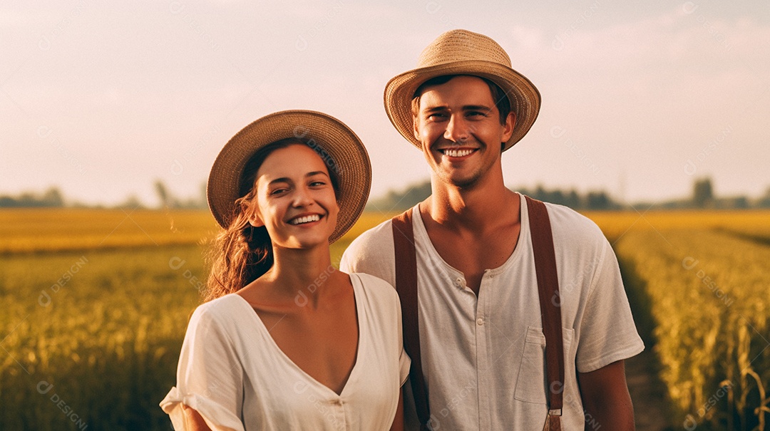 Homem e mulher agricultores chapéu de palha em pé terras agrícolas sorrindo