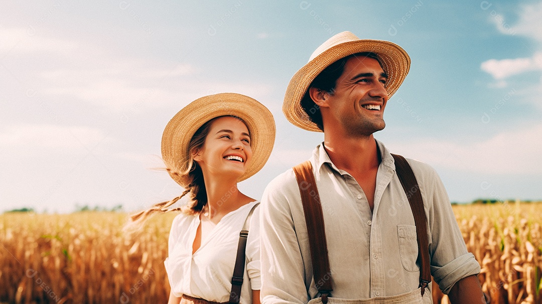 Homem e mulher agricultores chapéu de palha em pé terras agrícolas sorrindo