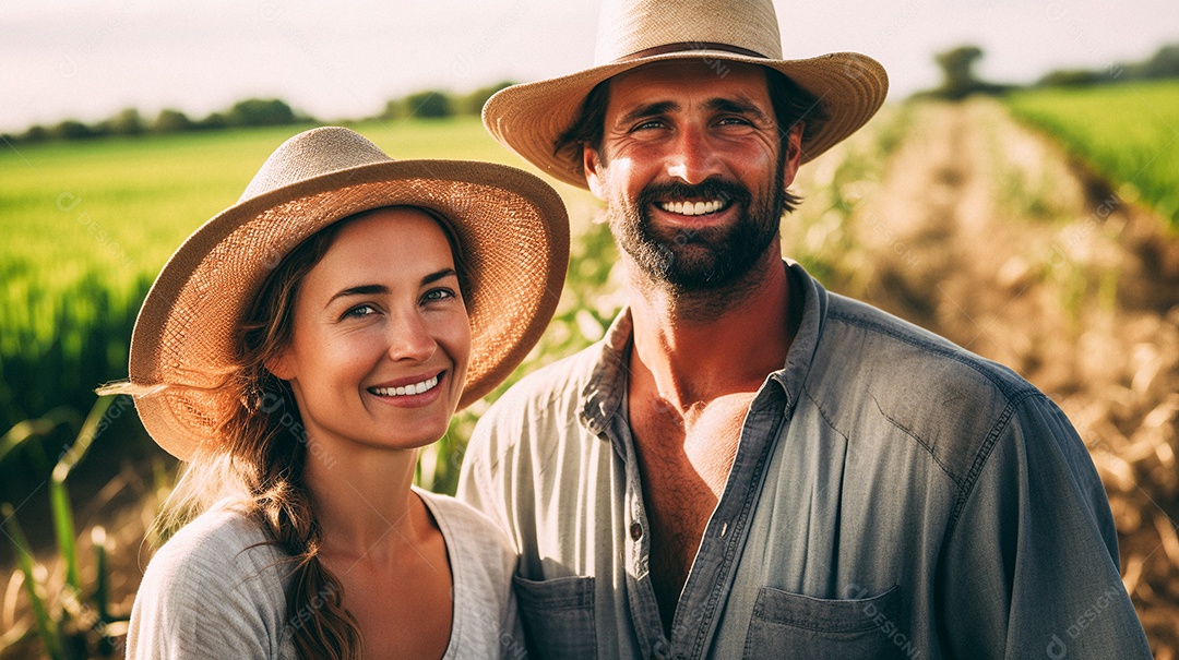 Homem e mulher agricultores chapéu de palha em pé terras agrícolas sorrindo