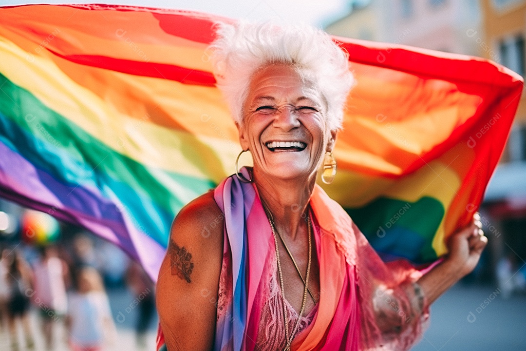 Feliz velha segura a bandeira do arco-íris