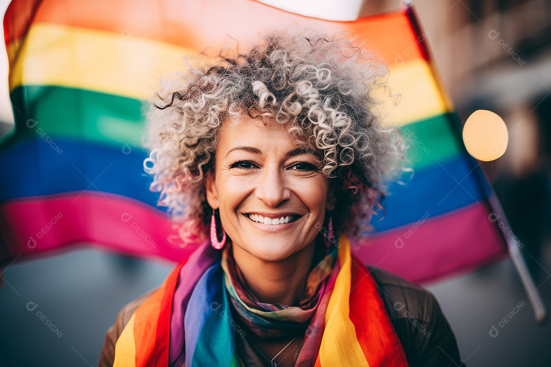 Feliz velha segura a bandeira do arco-íris