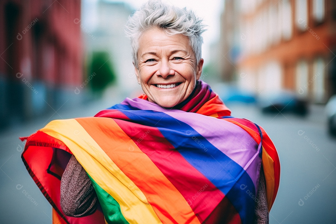 Feliz velha segura a bandeira do arco-íris