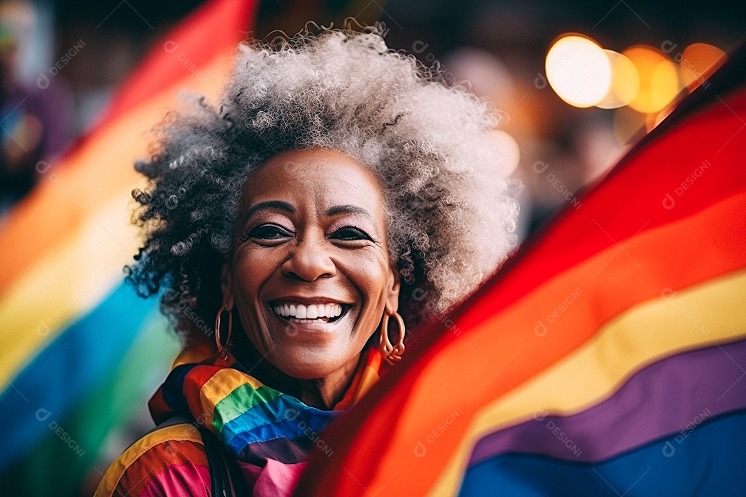 Feliz velha segura a bandeira do arco-íris