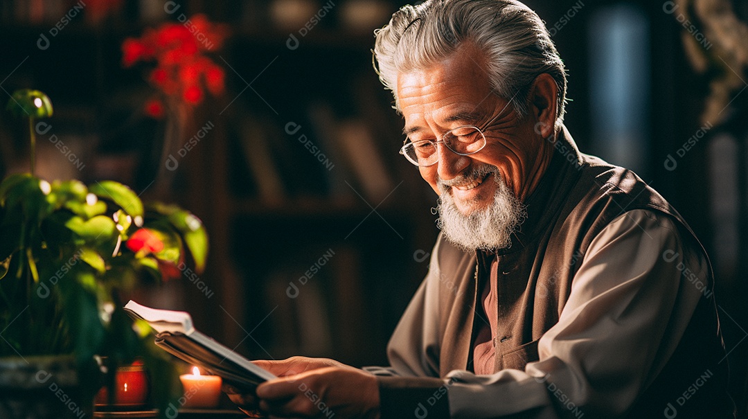 Em uma sala de estar bem iluminada, um idoso é capturado