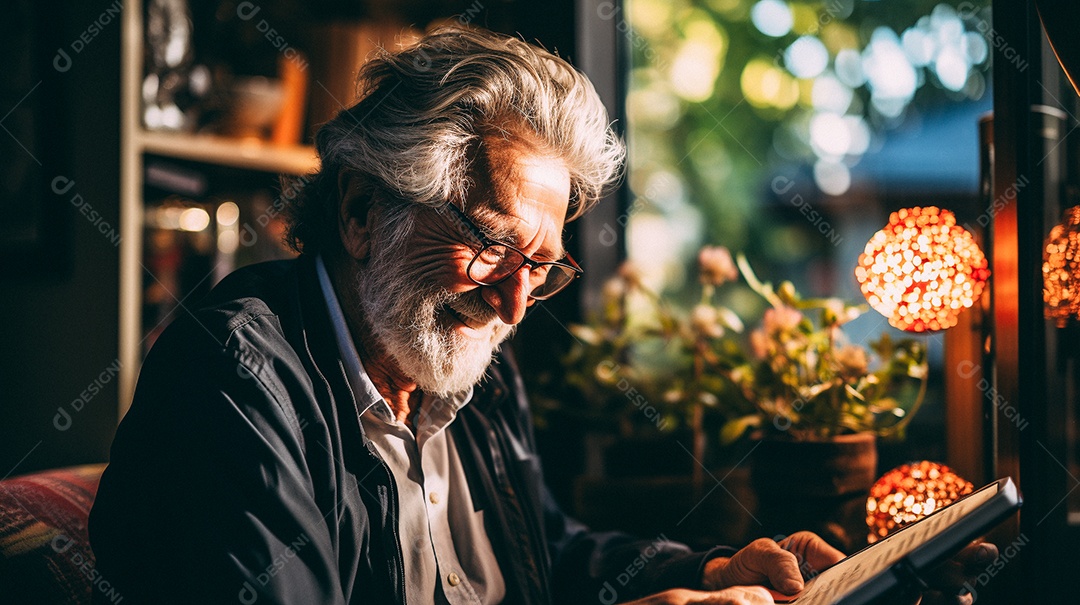 Em uma sala de estar bem iluminada, um idoso é capturado