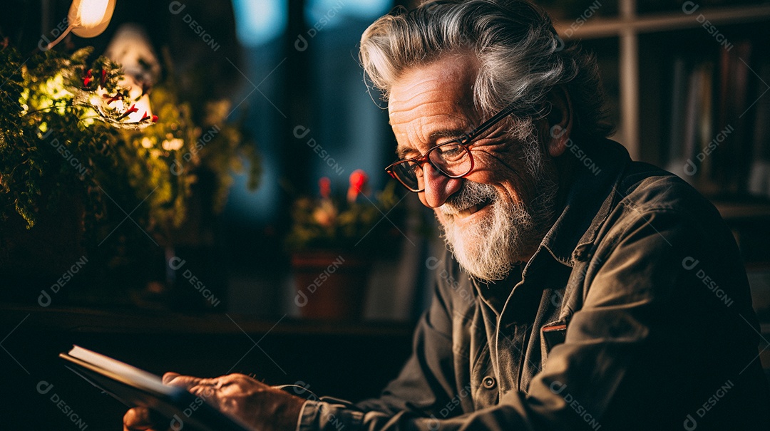 Em uma sala de estar bem iluminada, um idoso é capturado